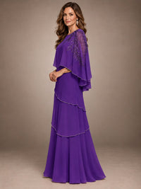 Elegant Chiffon Cape Sleeve Beaded Mother of the Bride Dress