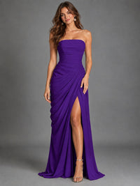 Strapless Bodycon Pleated Chiffon Formal Dress with Slit