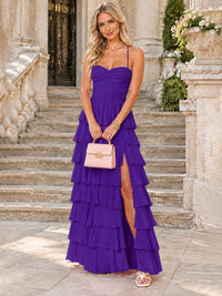 Ruffled Tiered Chiffon Prom Dress Spaghetti Straps Formal Maxi Dress with Slit