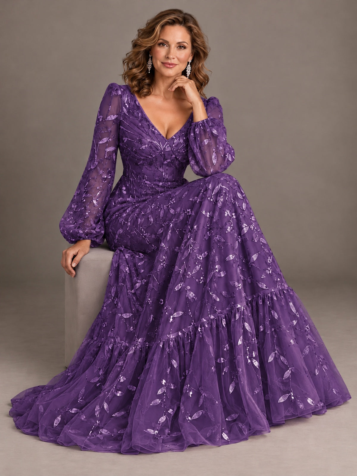 Floral Sequin Embroidered A-Line Mother of the Bride Dress with Long Sleeves