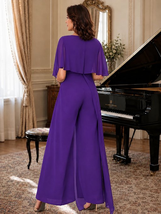 Chiffon Mother of the Bride Jumpsuit with Layered Cape Sleeves