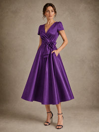 V-Neck Tea-Length Satin Mother of the Bride Dress with Bow