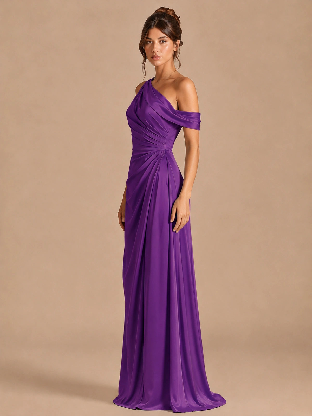 Satin One Shoulder Prom Dress Ruched Long Formal Evening Gown