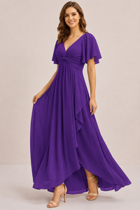 Dusty Blue Chiffon Bridesmaid Dress with Flutter Sleeves & High-Low Hem