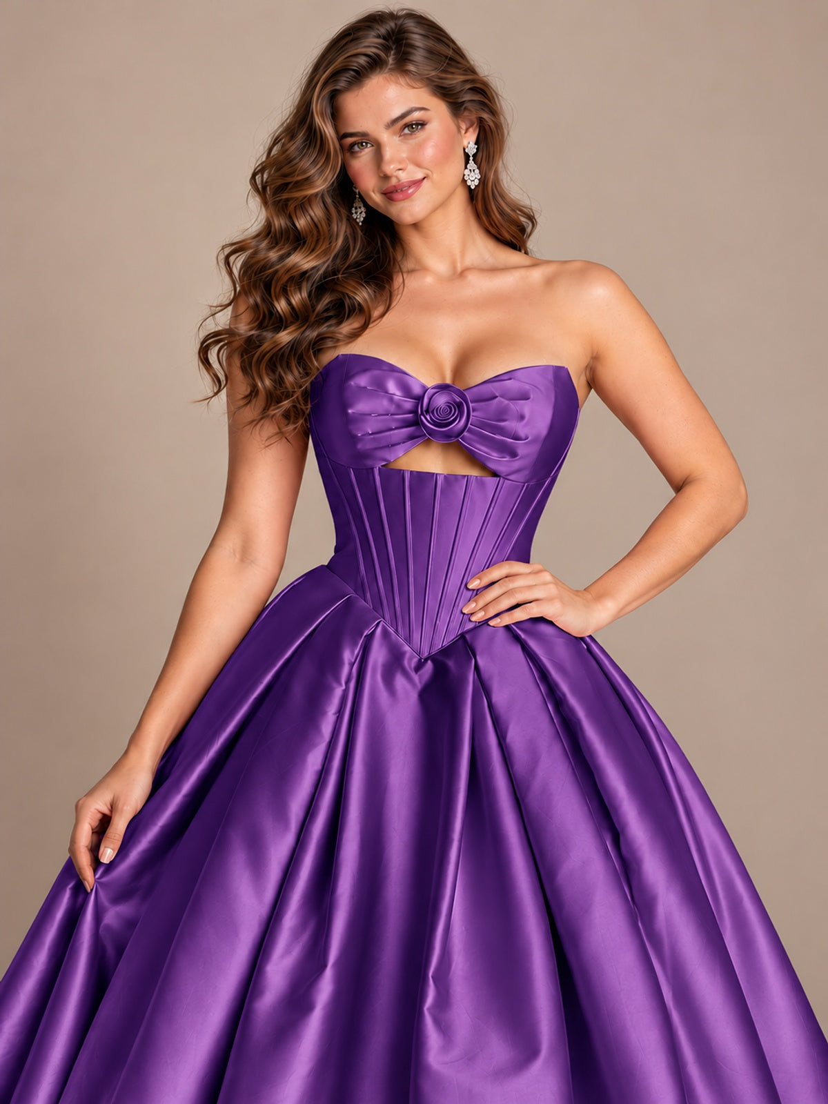 Pink Strapless Corset Satin Prom Derss & Ball Gown with 3D Floral