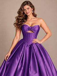 Pink Strapless Corset Satin Prom Derss & Ball Gown with 3D Floral