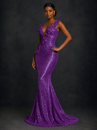 Gold Sequin Floral Applique Mermaid Prom Dress