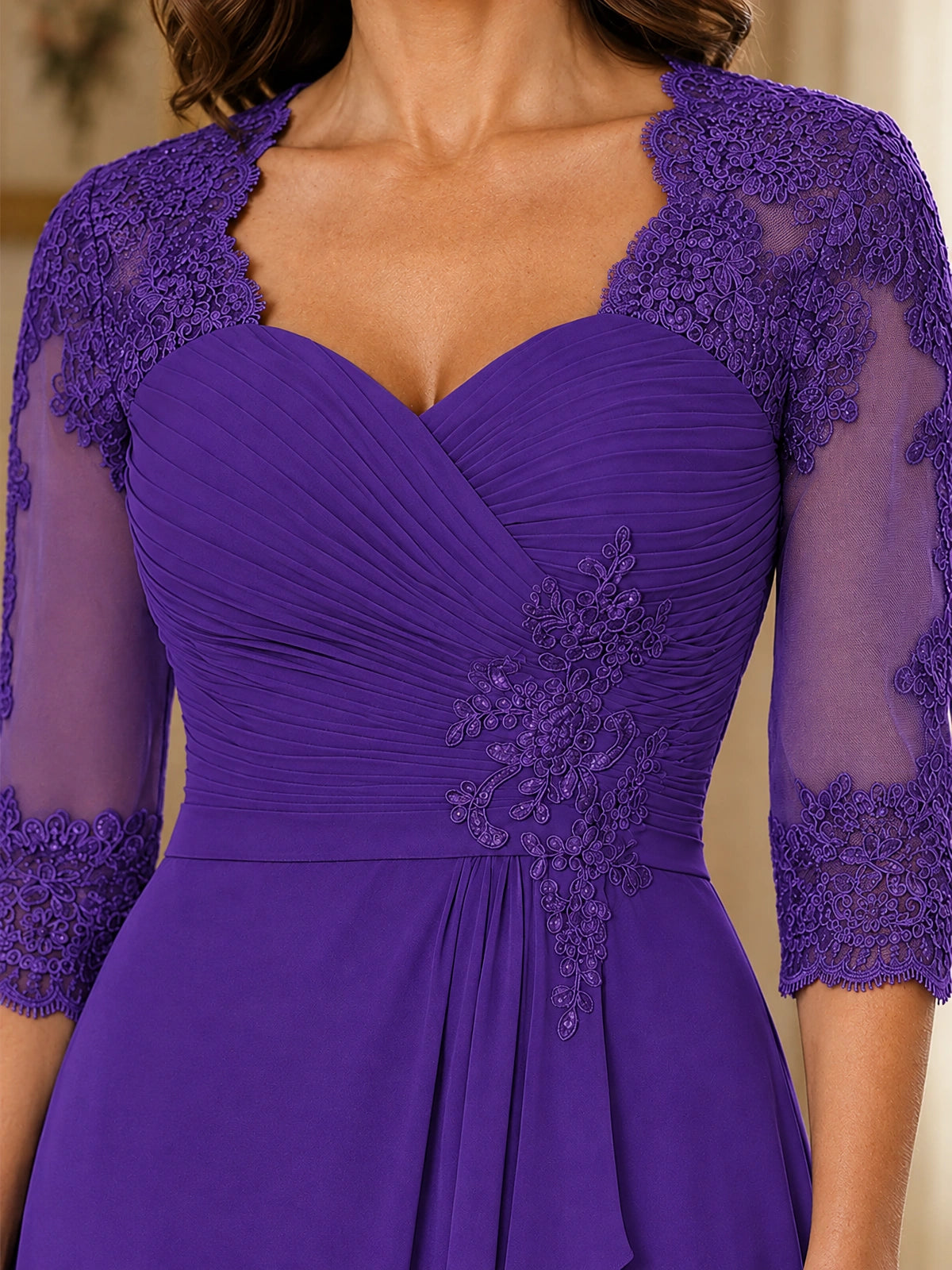 Chiffon Lace Applique Mother of the Bride Dress with 3/4 Sleeves