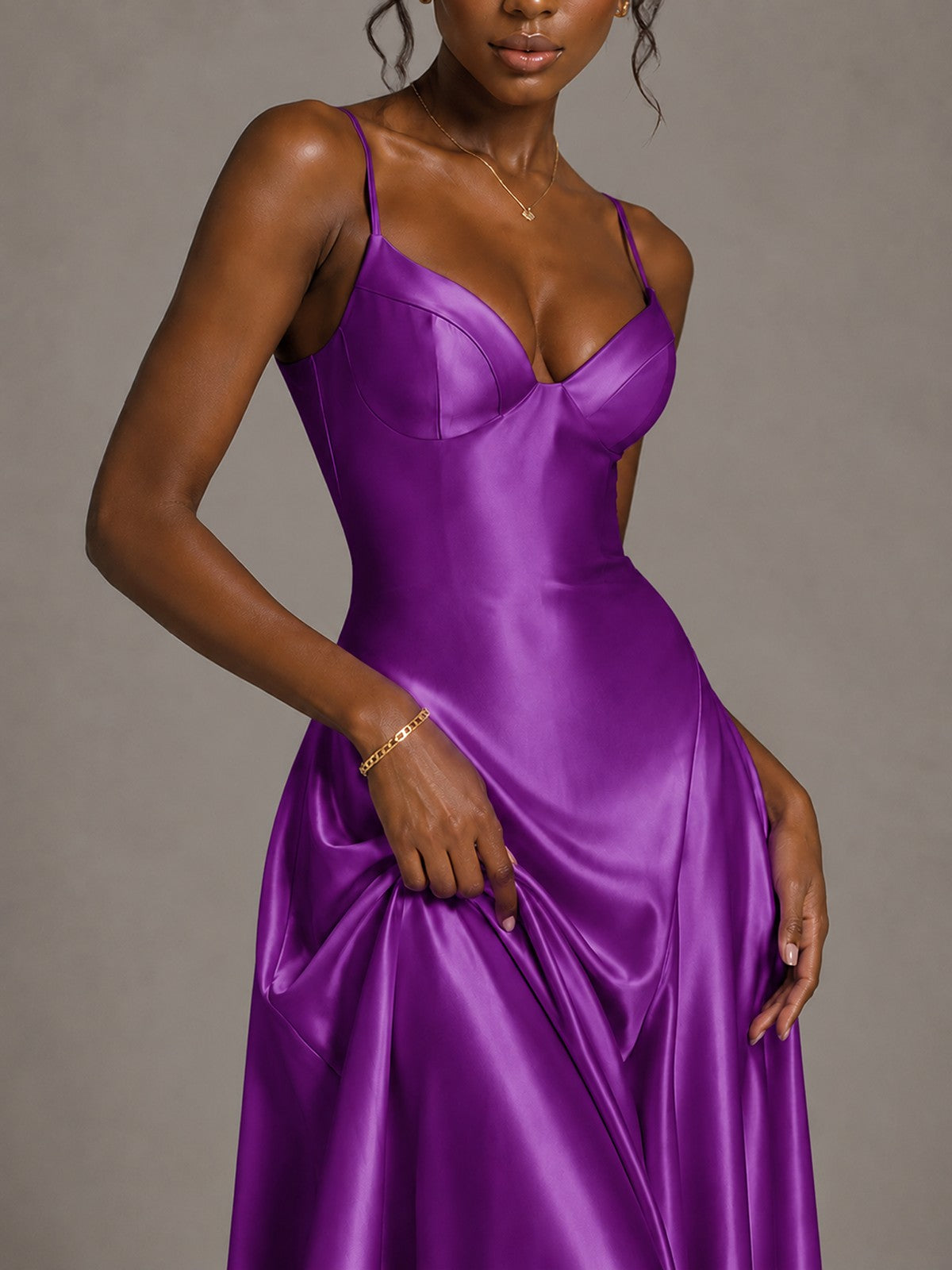 Lavender V Neck Satin Prom Dress with Spaghetti Straps