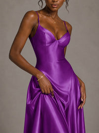 Lavender V Neck Satin Prom Dress with Spaghetti Straps