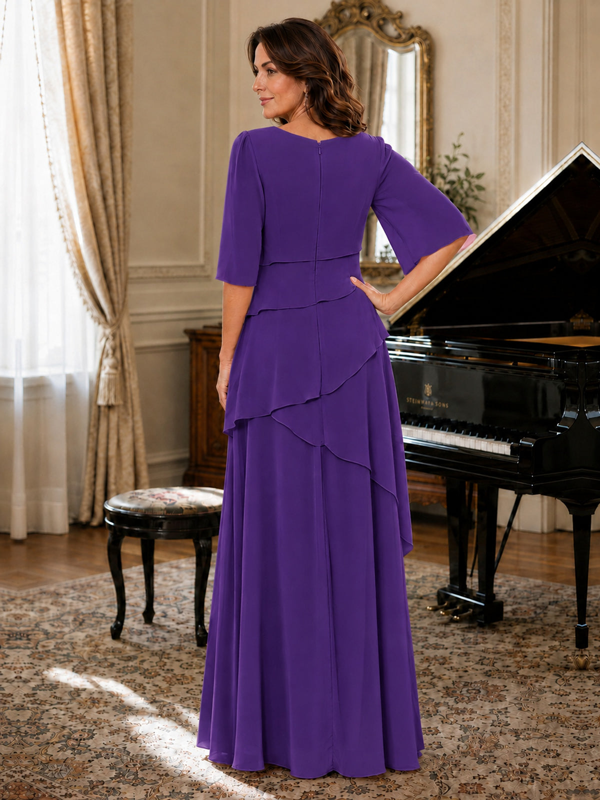 Asymmetric Draped Chiffon Mother of the Bride Dress with Flutter Sleeves