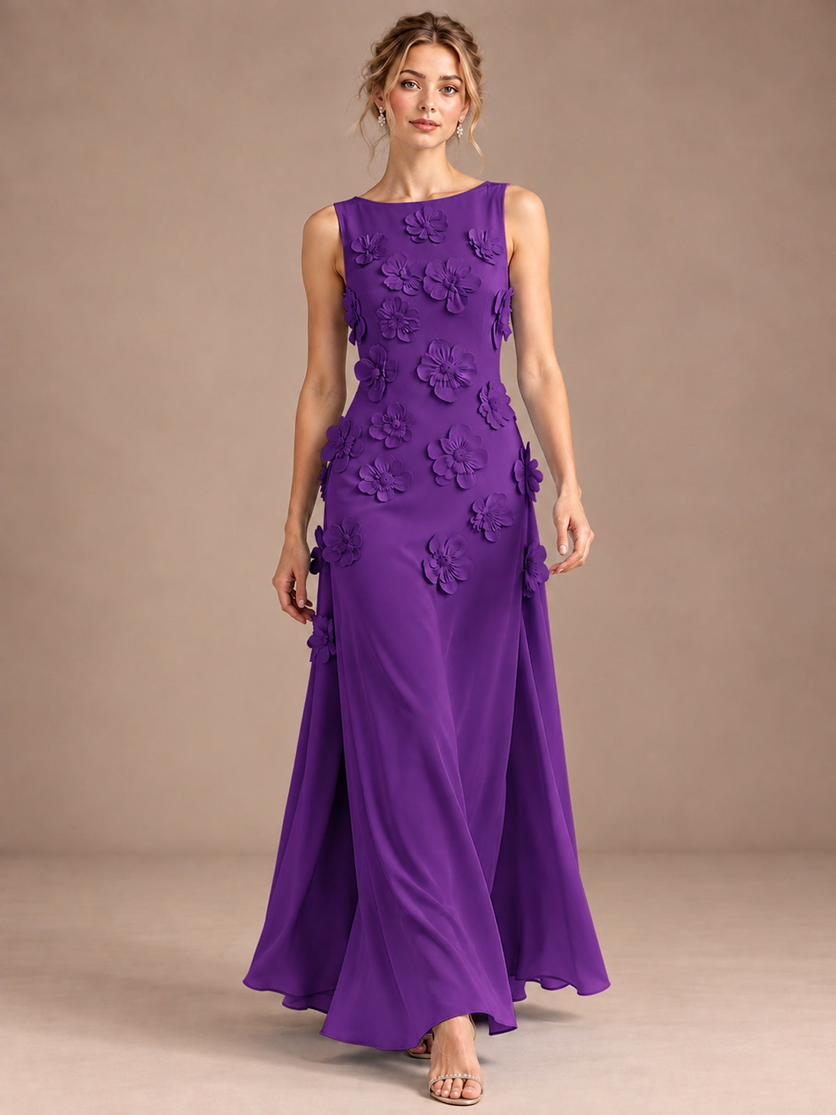 3D Floral Applique Sleeveless Formal Maxi Dress