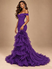 Dusty Blue Off-the-Shoulder Mermaid Prom Dress with 3D Rose & Ruffles