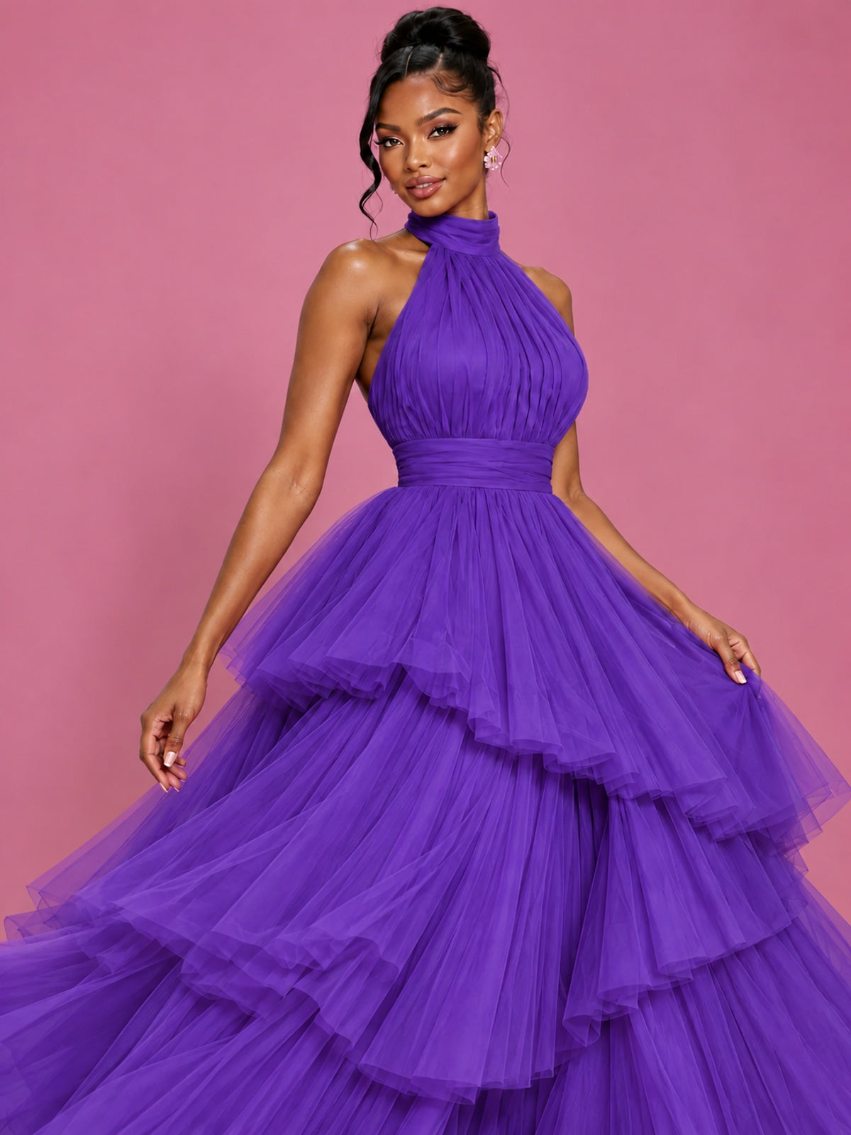 Hot Pink Tulle Halter Neck Tiered Ruffle Maxi Dress