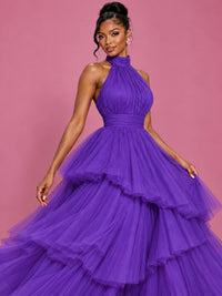 Hot Pink Tulle Halter Neck Tiered Ruffle Maxi Dress