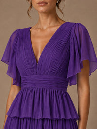 Chiffon V-Neck Tiered Ruffle Bridesmaid Dress with Slit