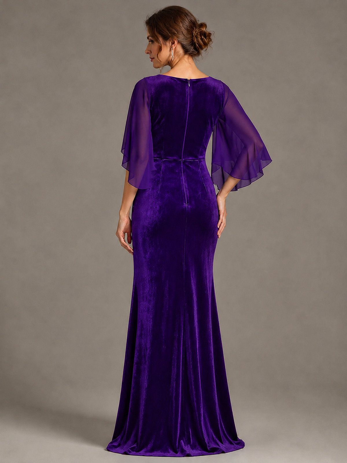 Navy Blue Velvet V Neck Mermaid Formal Dress with Flutter Cape Sleeves