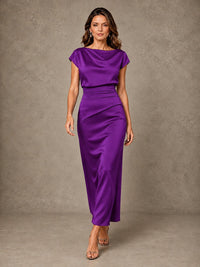 Cowl Neck Satin Mother of the Bride Dress with Ruched Waist