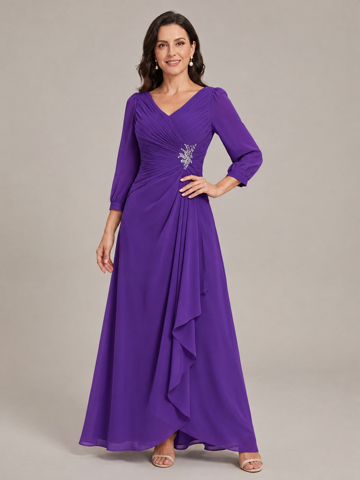 V-Neck Pleated Chiffon Mother of the Bride Dress with Flutter Sleeves