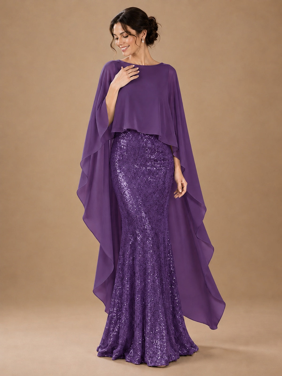 Sequin 2 Pieces Mother of the Bride Dress with Cap Sleeves Chiffon Formal Gowns