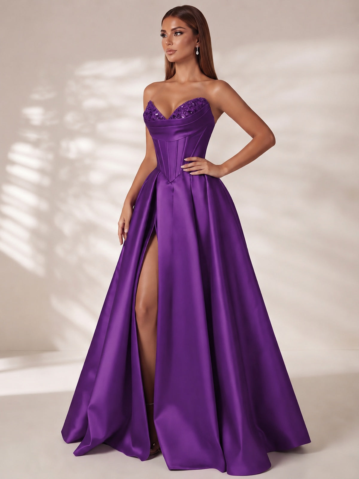 Strapless Corset Satin Prom Dress Long Evening Gown with High Slit