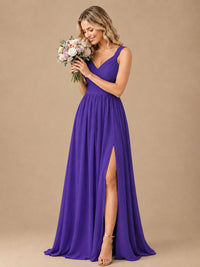 Pleated Chiffon V Neck Wedding Bridesmaid Dresses Floor Length with Slit
