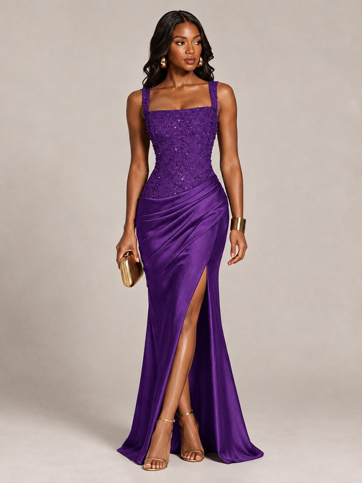Scoop Neck Sequin Prom Dress with High Slit Satin Formal Gowns