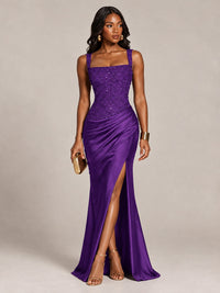 Scoop Neck Sequin Prom Dress with High Slit Satin Formal Gowns