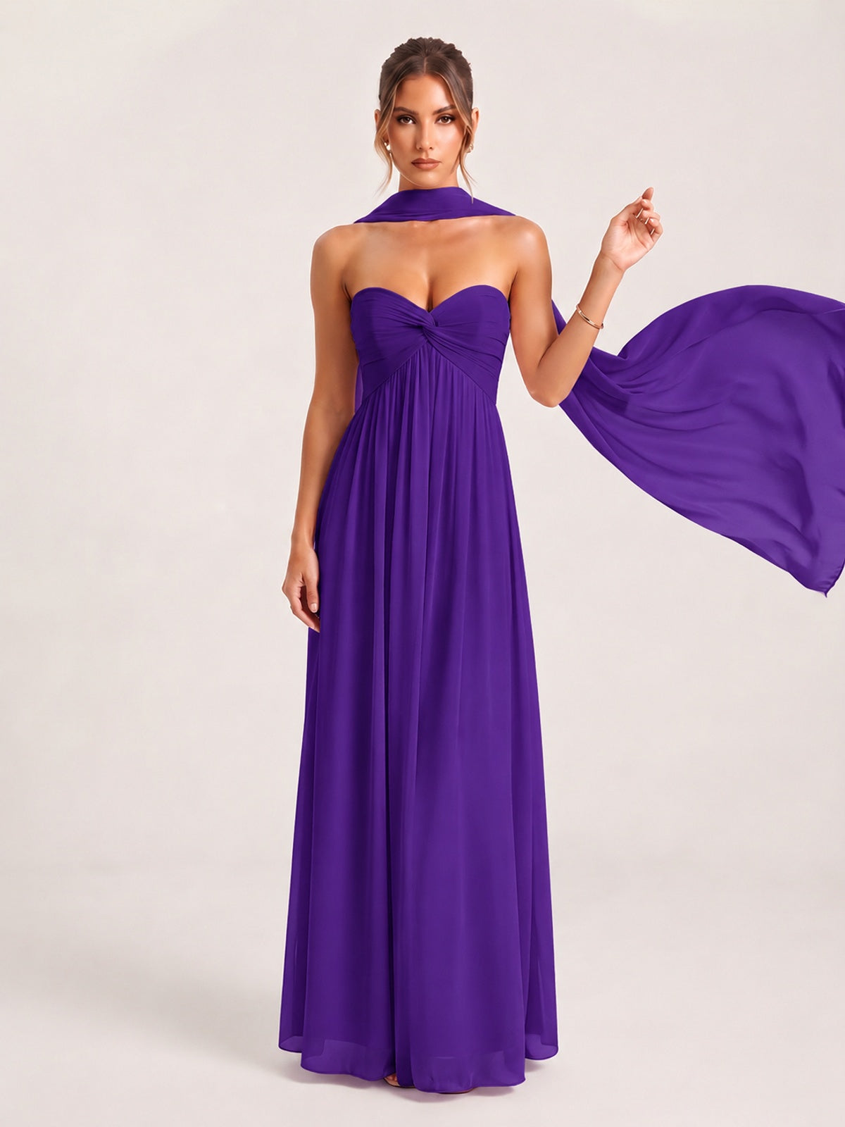 Strapless Ruched Chiffon Long Prom Dress with Scarf