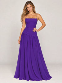 Butter Yellow Ruched Spaghetti Strap Drop-Waist Prom Dress