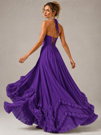 Halter V Neck Chiffon Formal Dress with Lace-Up Back and Ruffle Hem