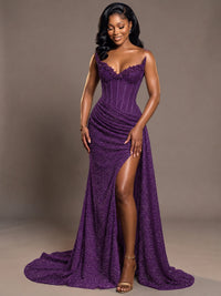 Luxury Strapless Sequin Corset Mermaid Prom Dress with High Slit & Train