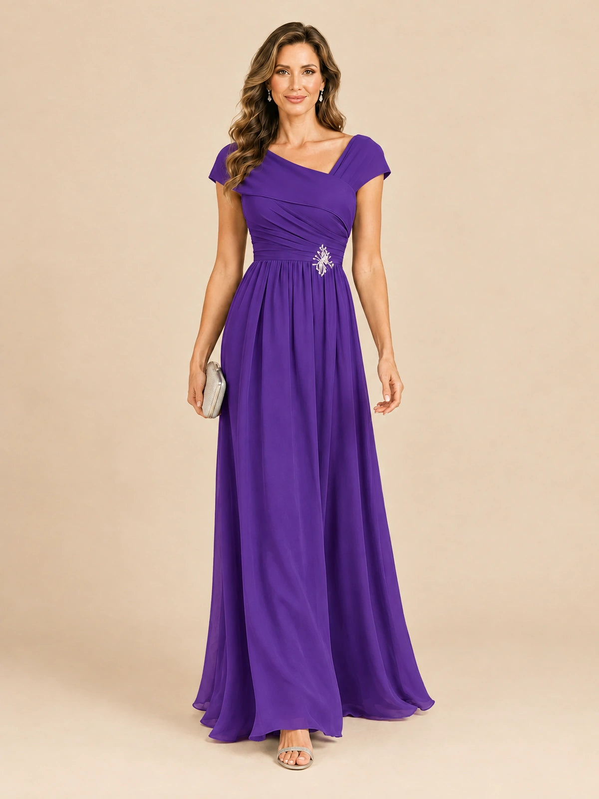 Cap Sleeve Mother of The Bride Dresses Long Chiffon Formal Gowns