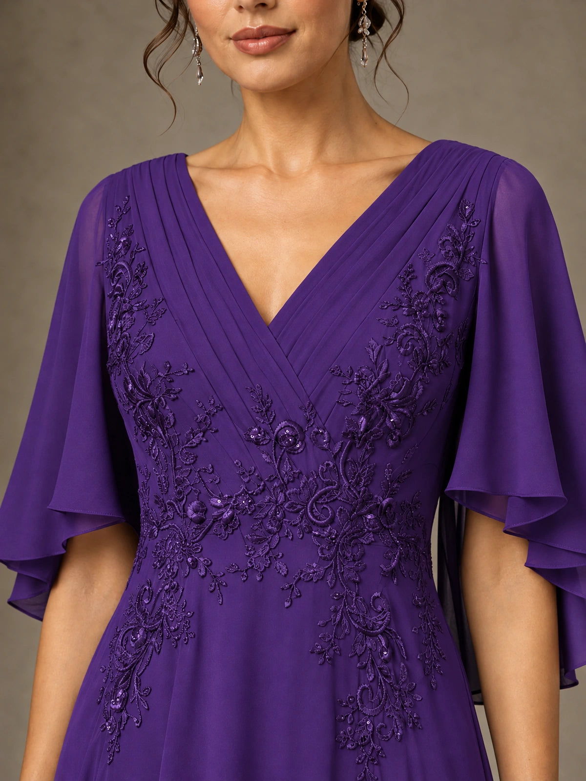 V-Neck Chiffon Lace Mother of the Bride Dress with Flutter Sleeves