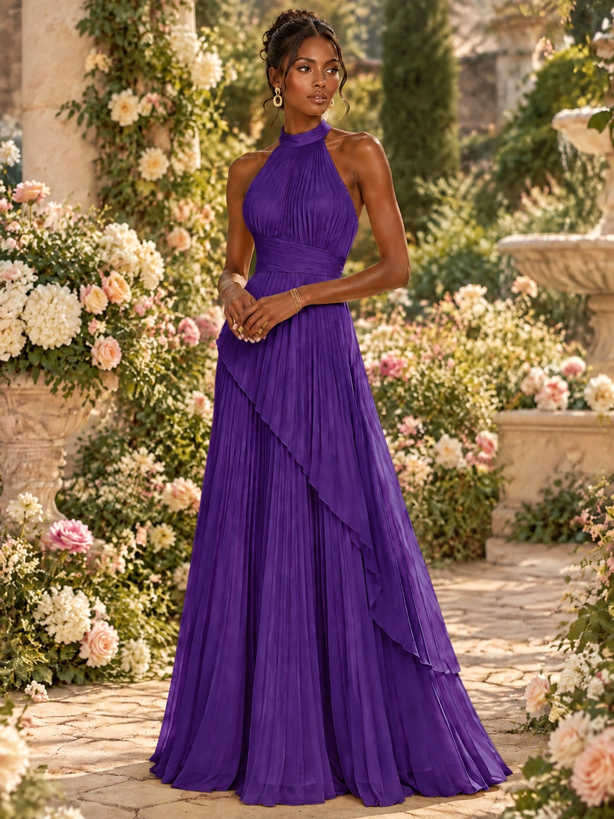 Wrap Pleated Prom Dress Halter A-line Chiffon Formal Wedding Dress