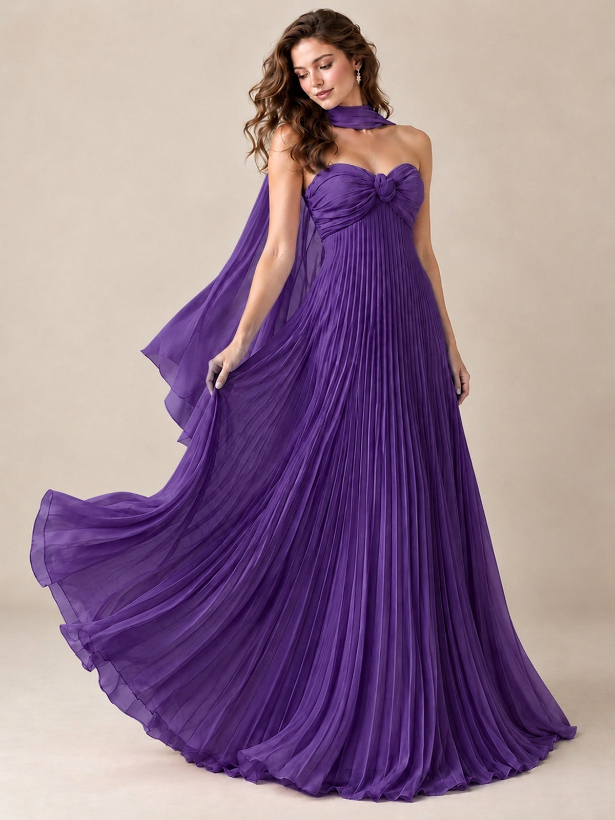 Sweetheart Neckline Pleated Prom Dress Strapless A-line Formal Dress with Flowy Scarf