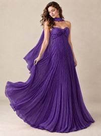 Sweetheart Neckline Pleated Prom Dress Strapless A-line Formal Dress with Flowy Scarf