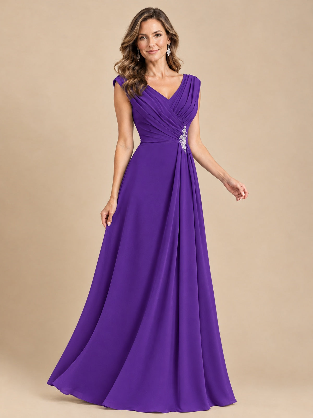 V Neck Pleated Mother of The Bride Dresses with Beading Cap Sleeves