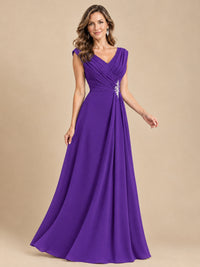 V Neck Pleated Mother of The Bride Dresses with Beading Cap Sleeves