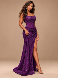 Gold Sequin Strapless Corset Prom Dress with High Slit