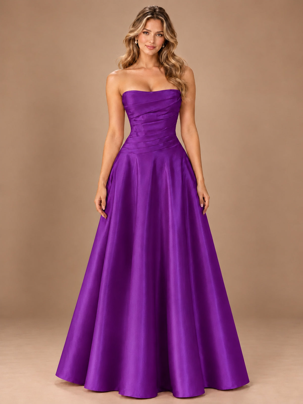Blush Pink Strapless Satin A-Line Prom Dress with Ruched Bodice