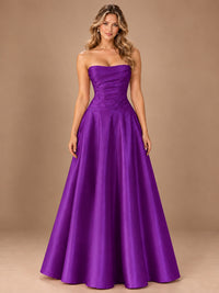 Blush Pink Strapless Satin A-Line Prom Dress with Ruched Bodice