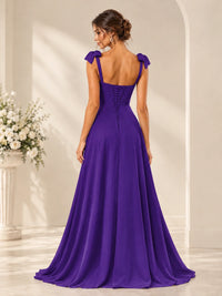 Ruffle Slit Chiffon A Line Scoop Neck Bridesmaid Dresses with Pockets