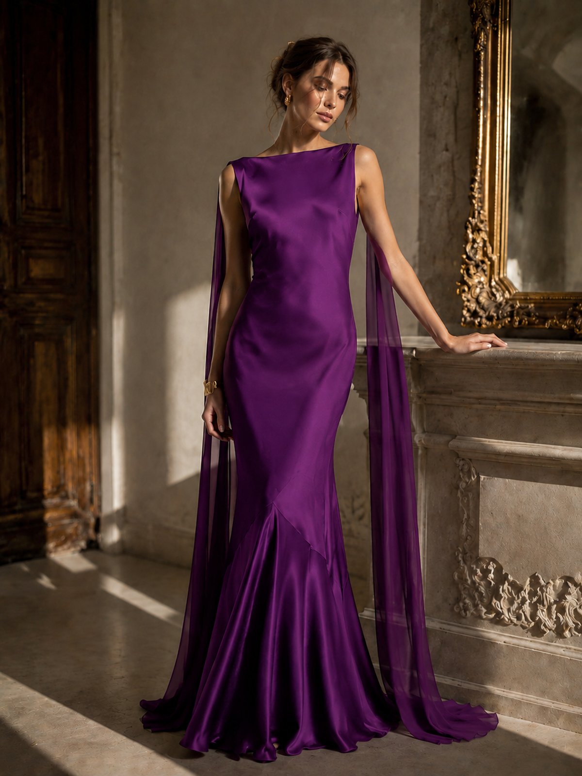 Burgundy Satin Mermaid Cape Maxi Dress