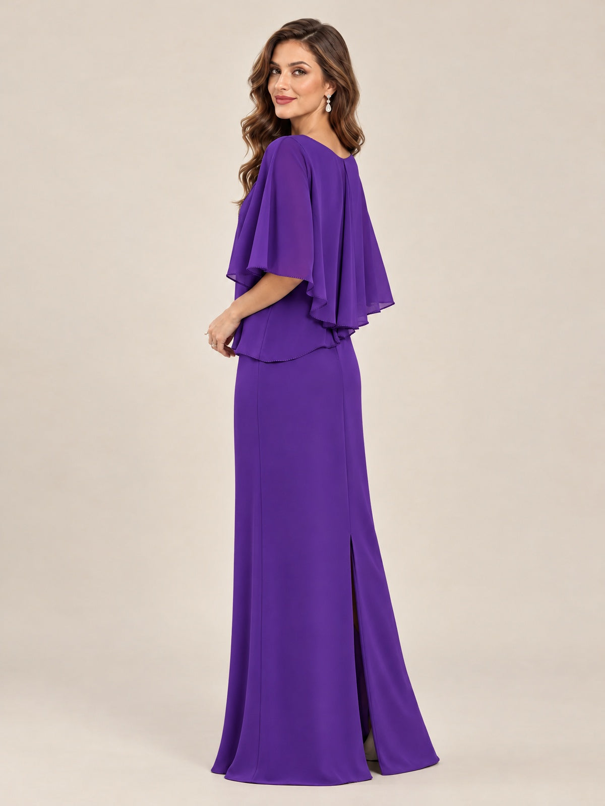 Cape Sleeve Mother of the Bride Dress with Asymmetrical Overlay