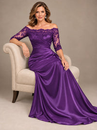 Satin Mother of the Bride Dress with Lace Sleeves Off Shoulder Formal Gown
