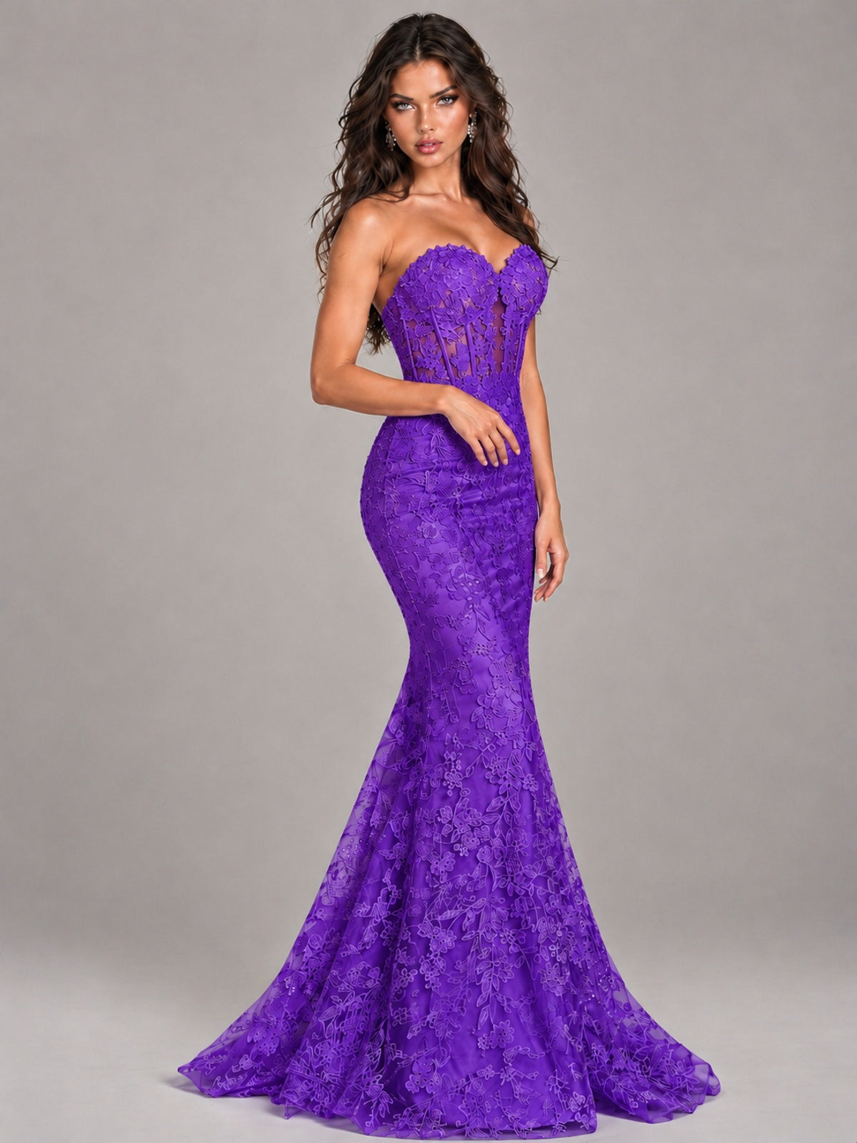 Strapless Corset Mermaid Prom Dress Lace Appliqué Formal Gown