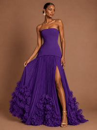 Strapless Pleated Floral Satin Formal Dress with Side Slit