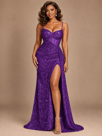 Burgundy Sequin Corset Prom Dress with High Slit