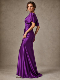 V-Neck Satin Mother of the Bride Dress with Flutter Sleeves
